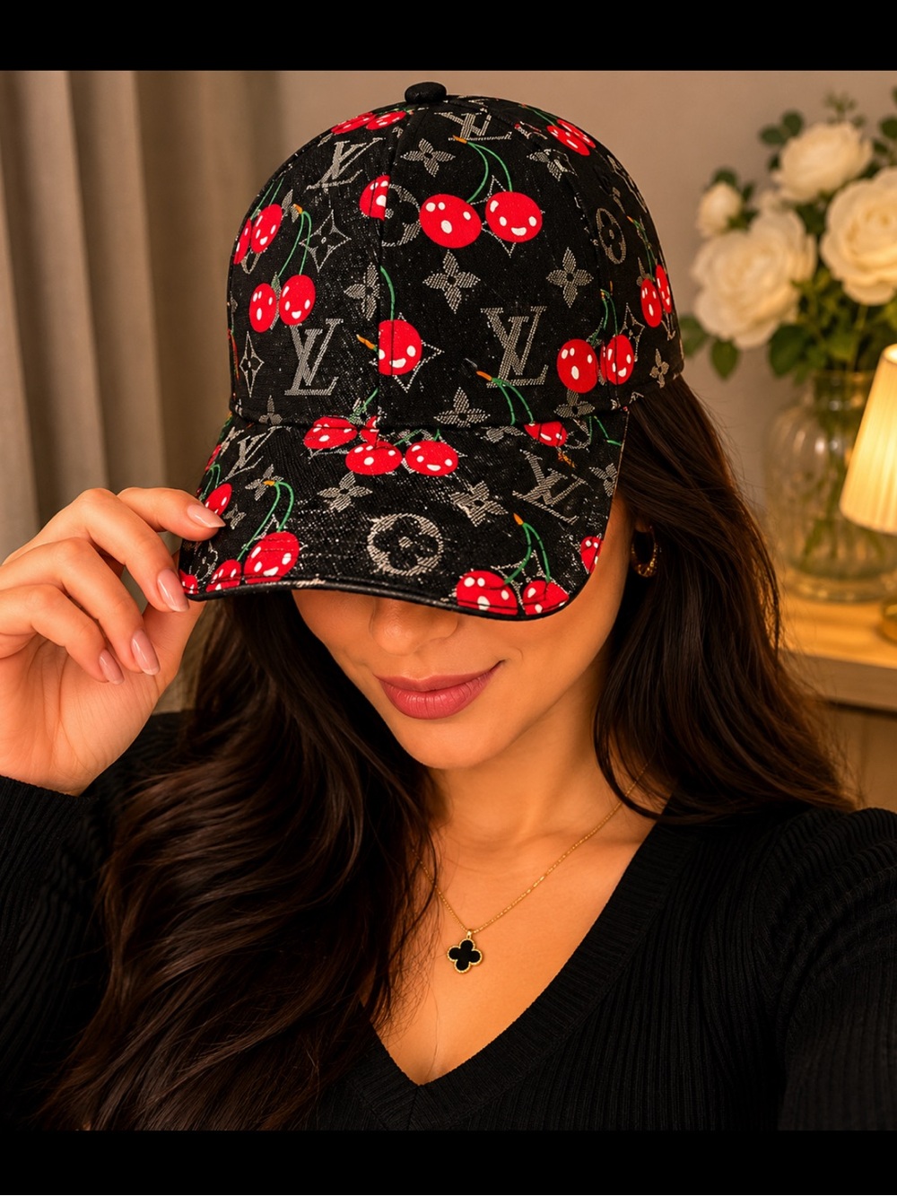 Black Cherry Print Baseball Cap - Luxury Monogram Style